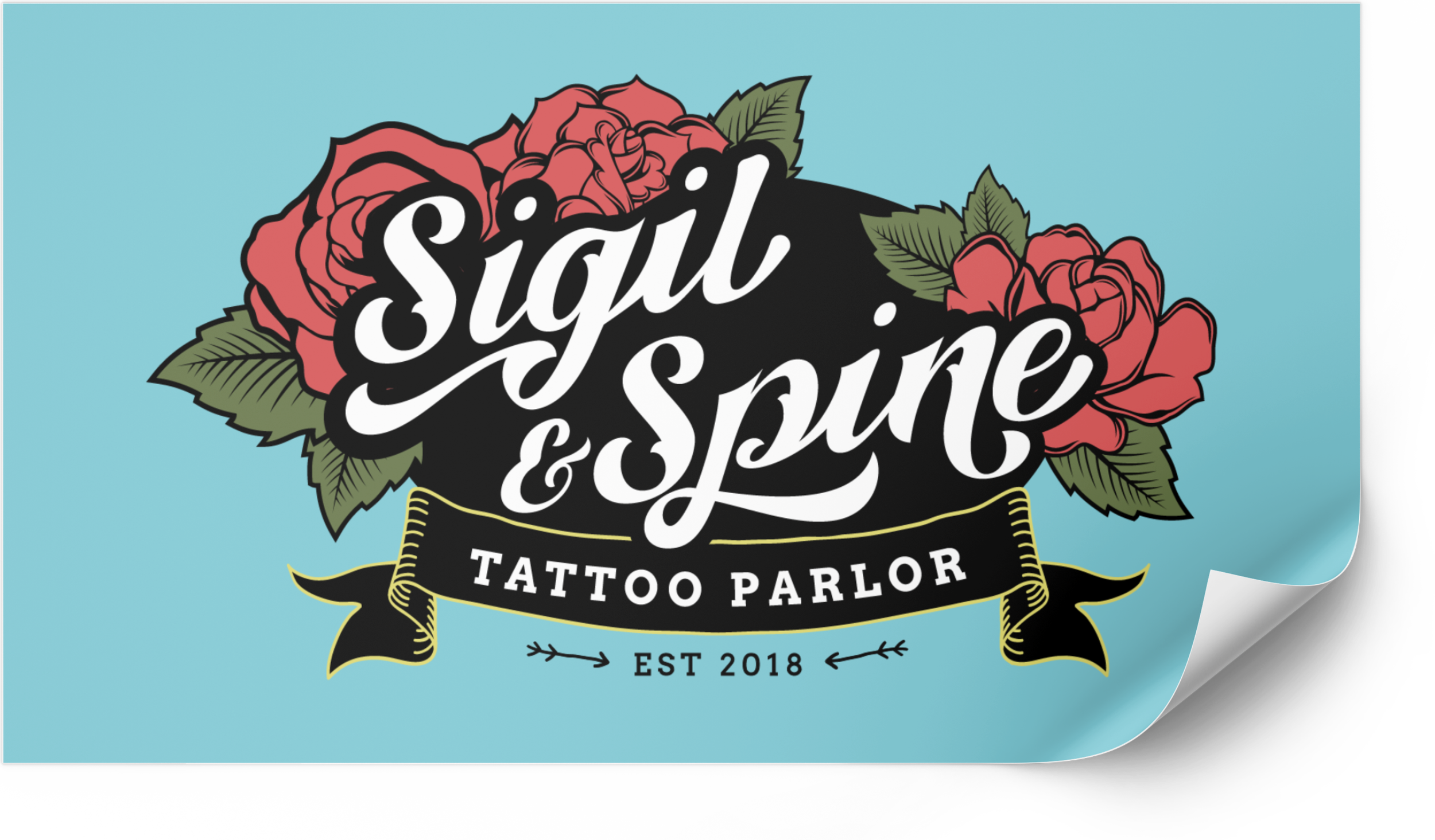 Sign and Spire Tattoo Parlor logo featuring pink roses and green leaves on a light blue background with the text "Sign and Spire Tattoo Parlor EST 2018".