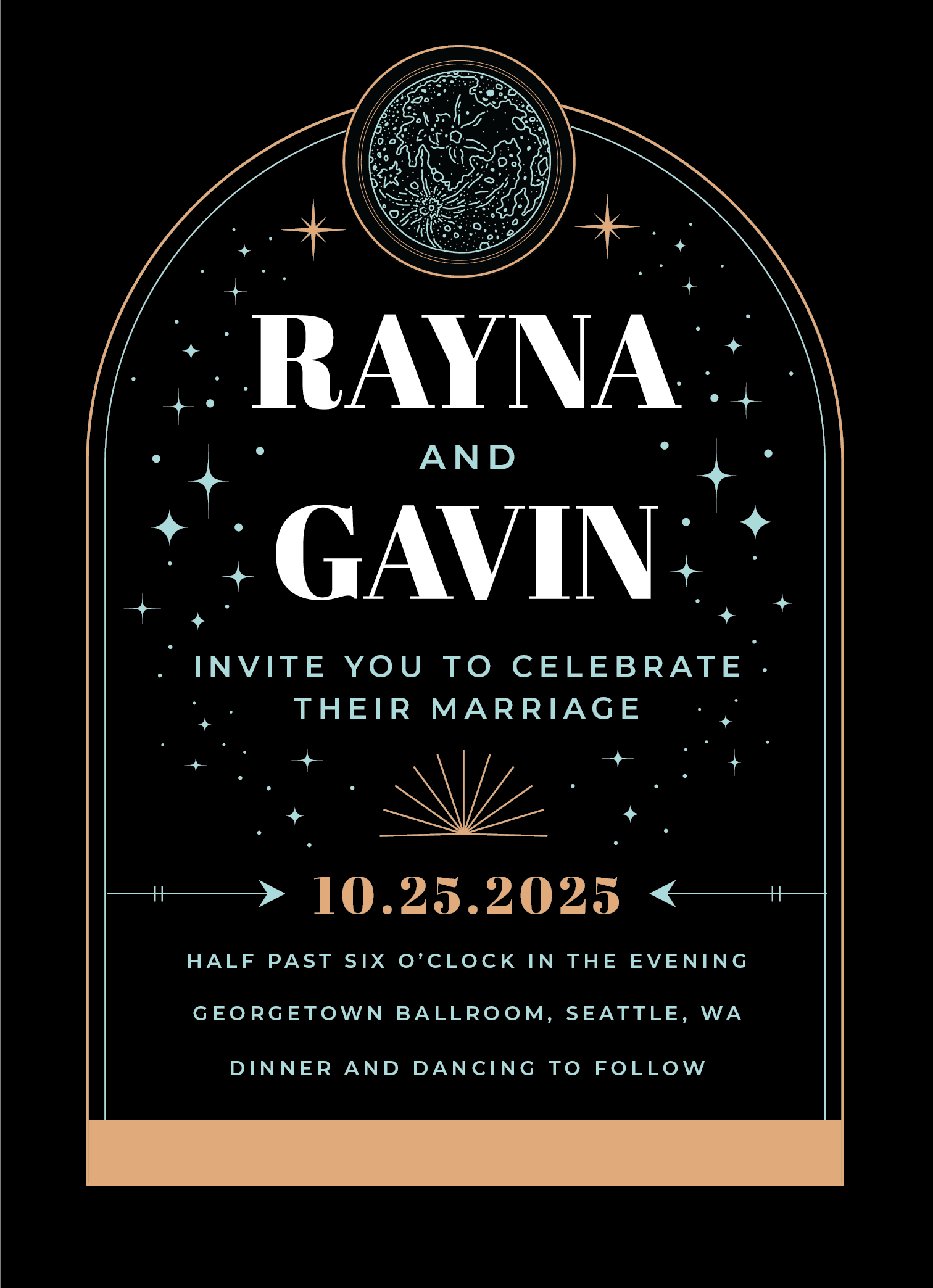 Invitation to Rayna and Gavin's wedding with a space-themed design, stars, moon, and event details including date, time, location, and dress code.