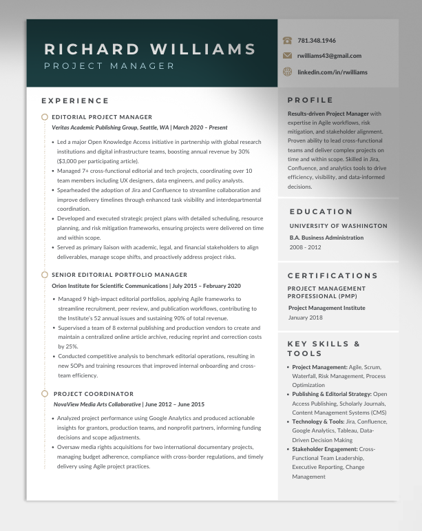 A professional resume for Richard Williams, a project manager, displaying contact information, experience, profile, education, certifications, and key skills and tools.