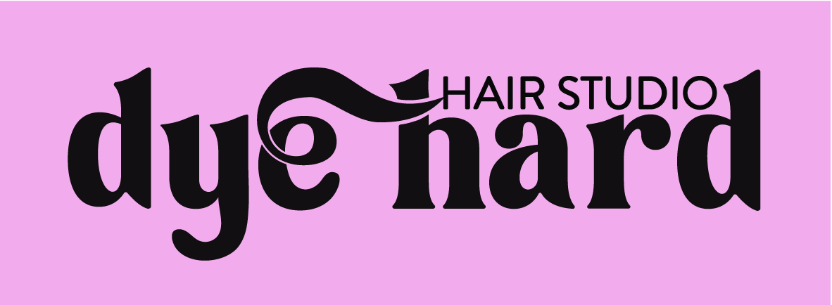 Text logo for 'Dye Hard Hair Studio' on a pink background, with stylized black lettering.