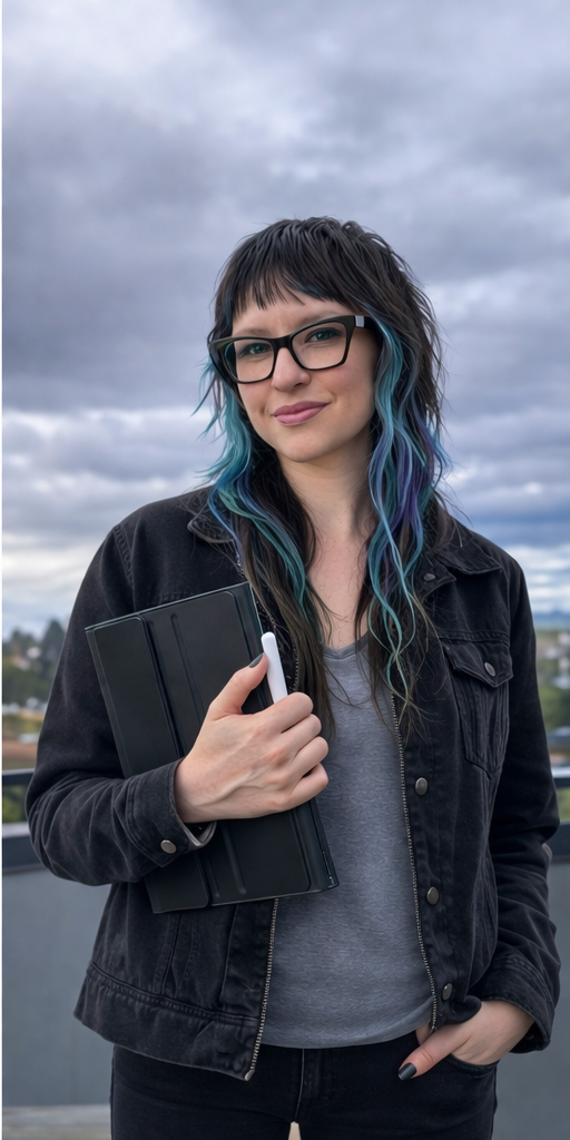 Triptych portrait of Lynsey Callahan, graphic designer, holding a tablet outdoors under cloudy sky”