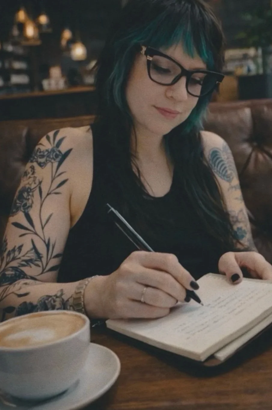 A woman with black and teal hair and glasses sitting at a table in a coffee shop, writing in a notebook with a pen, with a cup of coffee nearby.