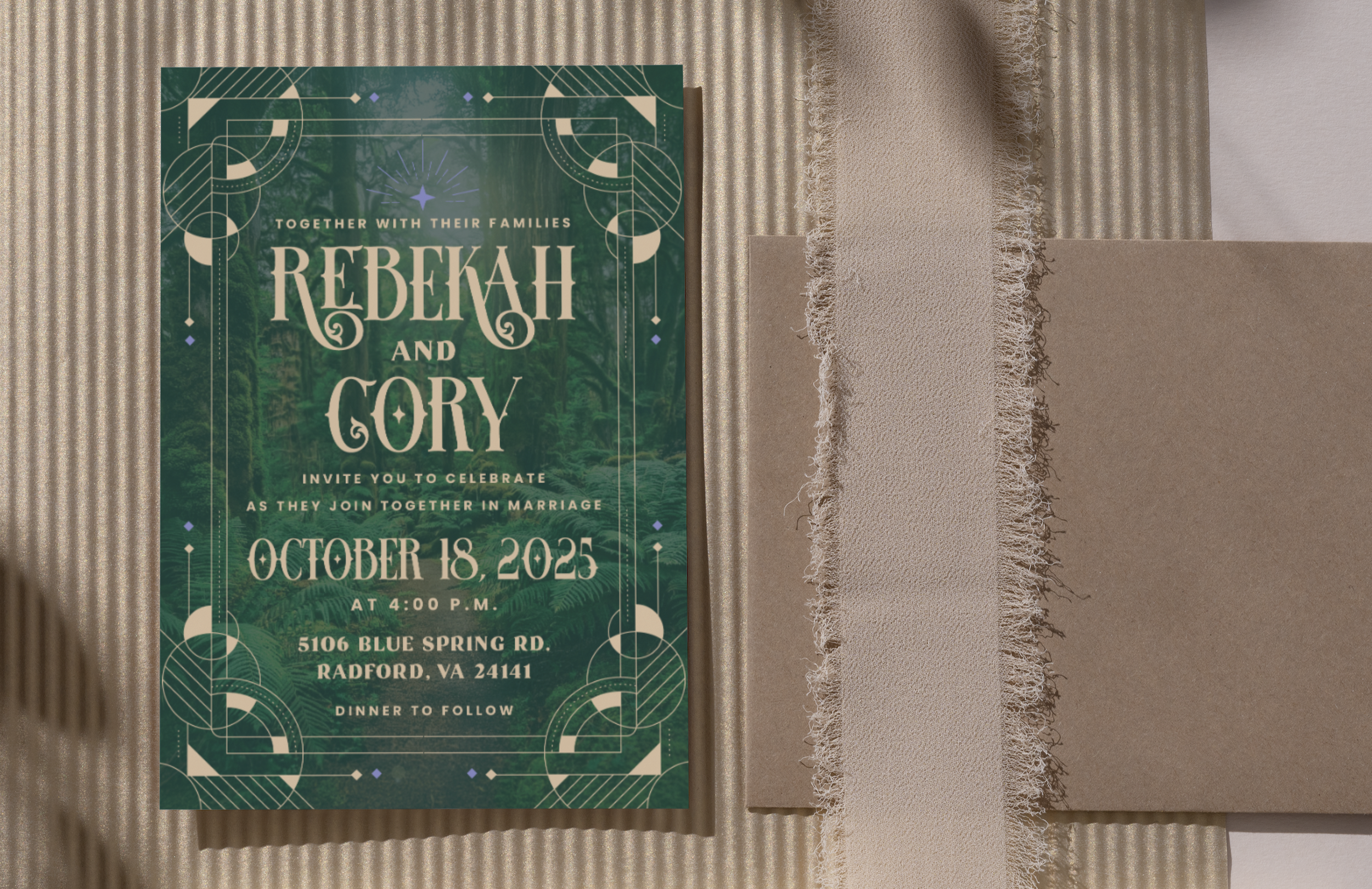 Wedding invitation card with green tropical forest background and decorative white borders, positioned on textured beige and brown papers.