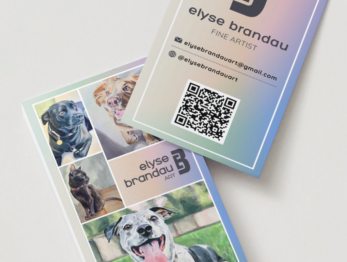 Business cards featuring colorful dog portraits and the name Elyse Brandau, a fine artist and artist's contact information including social media handle and email. One card has a QR code.