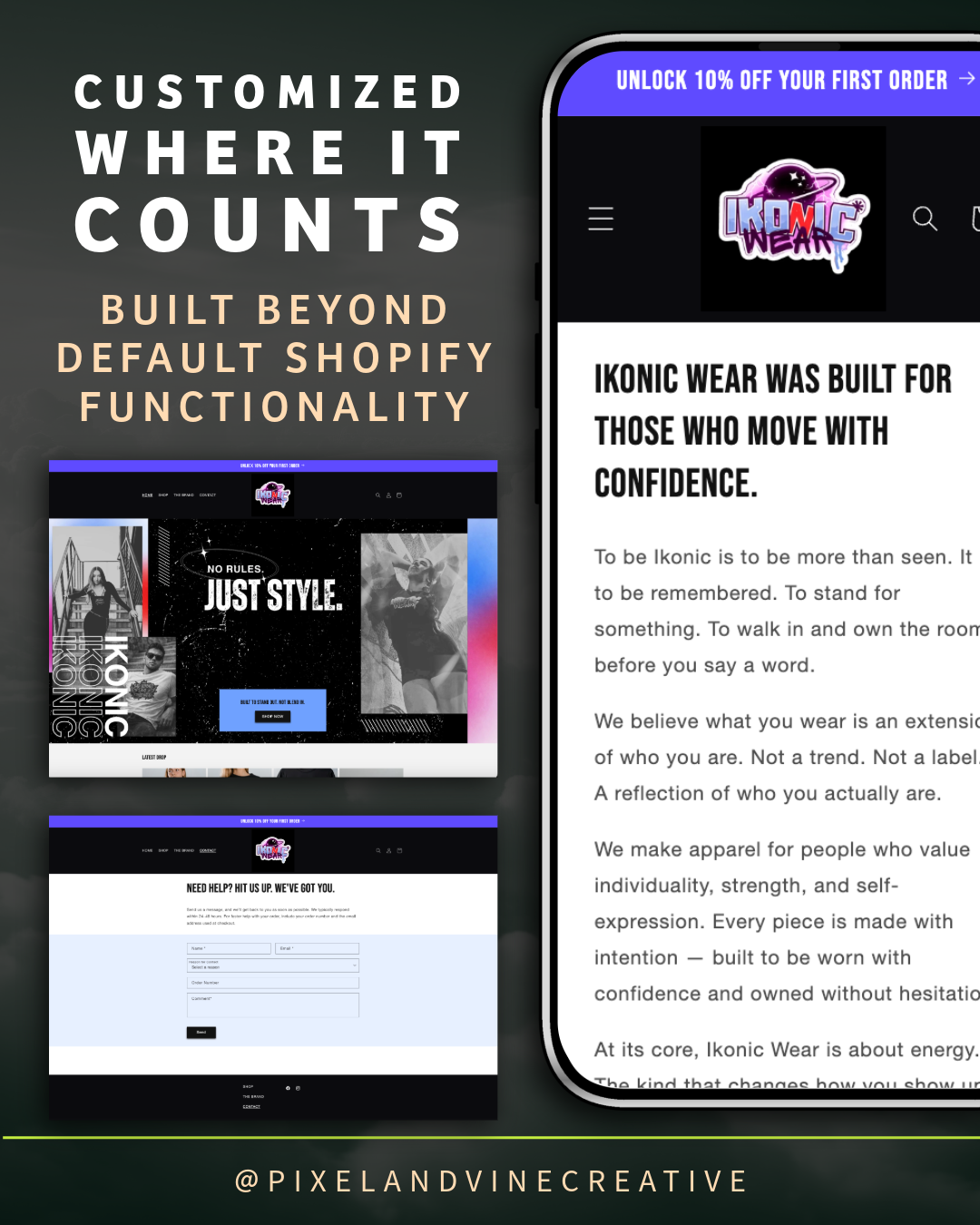 An advertisement for Ikonic Wear website design featuring website screenshots and a slogan emphasizing customization and confidence in clothing.