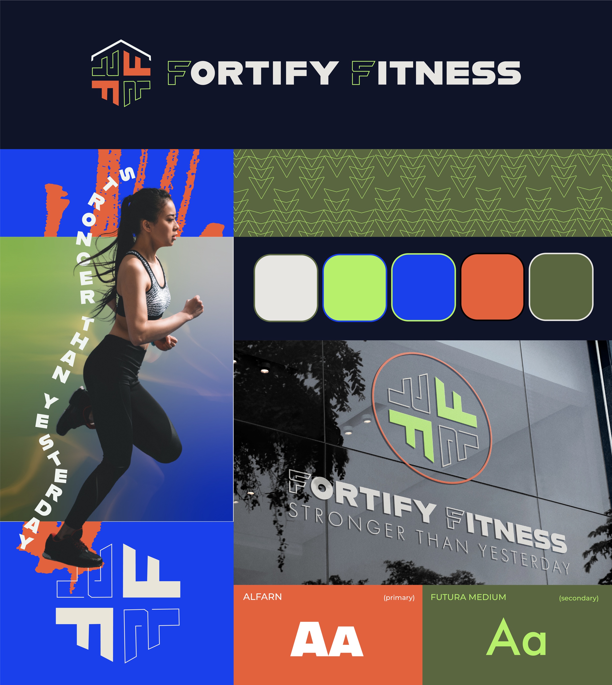 A promotional design for Fortify Fitness featuring a woman running, the company's logo, and slogan 'Stronger Than Yesterday'. It includes color palettes, font samples in Alfarn and Futura Medium, and a photo of the gym's exterior signage.