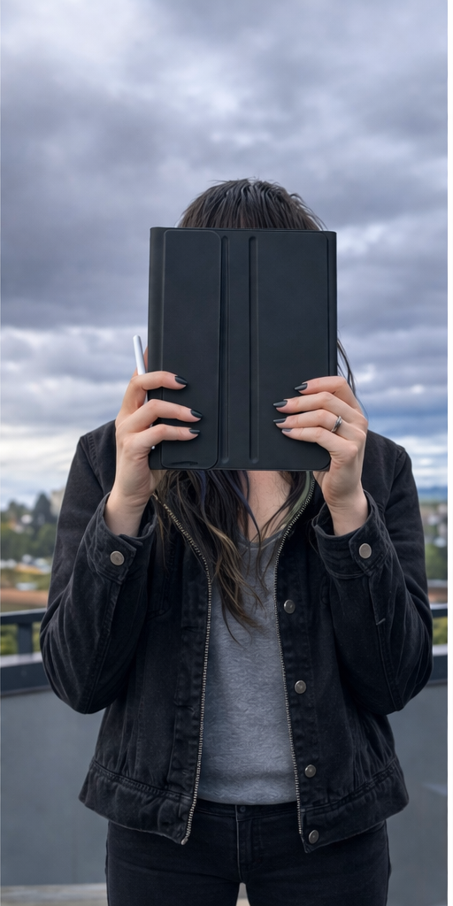 Triptych portrait of Lynsey Callahan, graphic designer, holding a tablet outdoors under cloudy sky”
