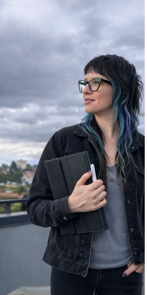Triptych portrait of Lynsey Callahan, graphic designer, holding a tablet outdoors under cloudy sky