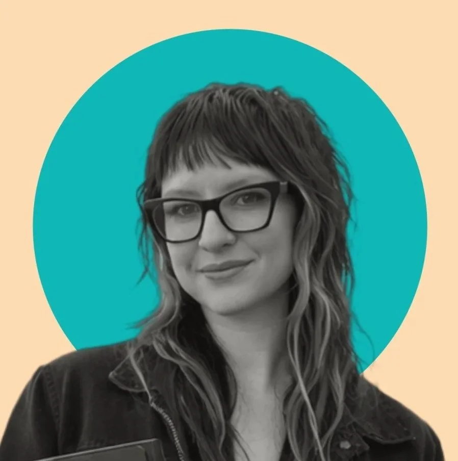 Lynsey Callahan, Seattle graphic designer and founder of Pixel & Vine Creative, wearing glasses against a teal circular background