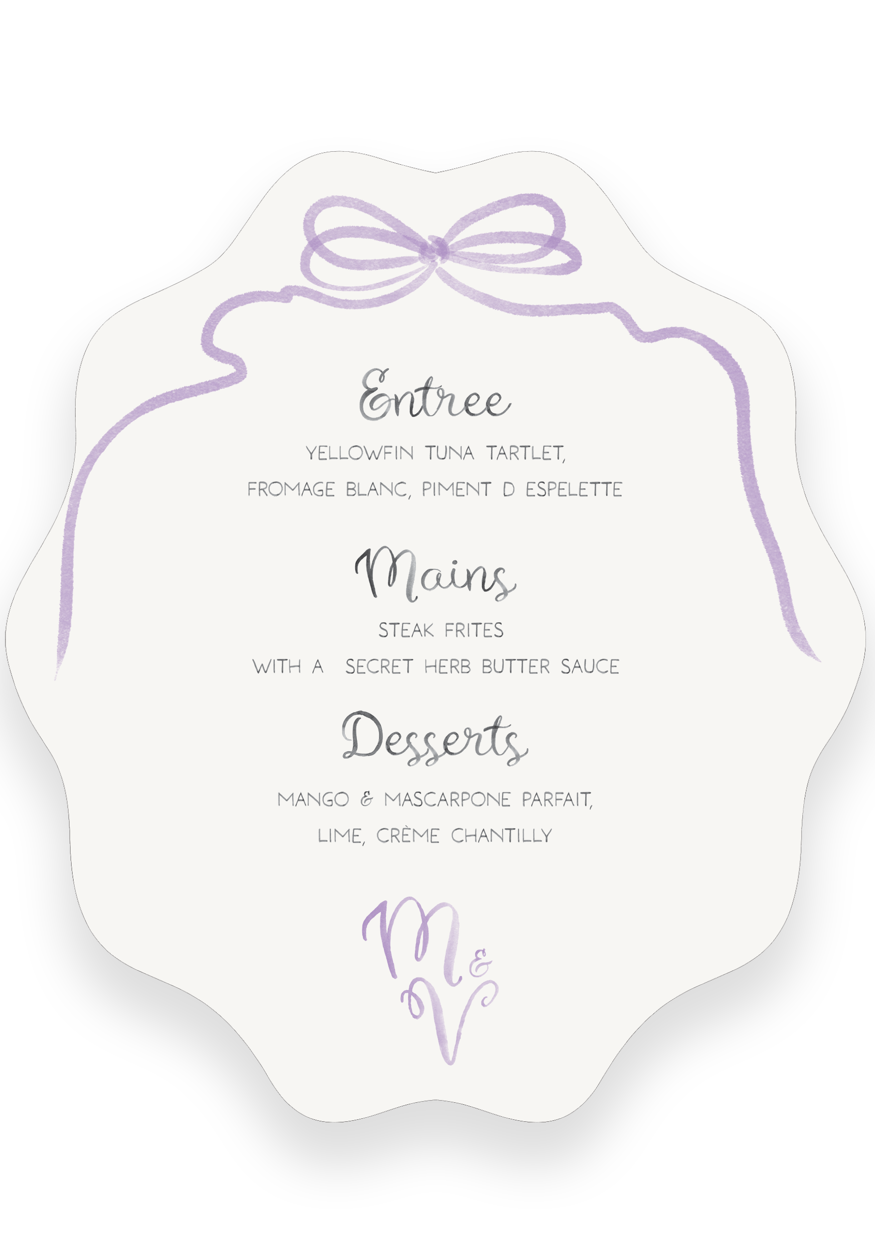 A wavy, scallop edge wedding dinner menu with a dainty bow illustration at the top and the wedding couple's initials at the bottom. The menu features watercolour illustrations as the accent.