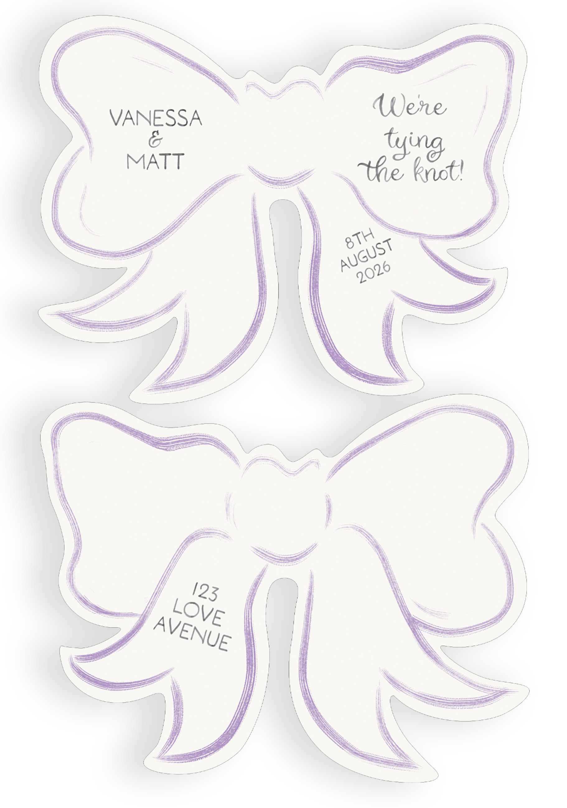 A special die-cut save the date in a bow shape with satin ribbon and watercolour illustration details.