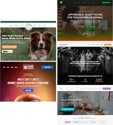 Composite image displaying four website homepages for various services including pet care, real estate, wedding photography, and home interior design.