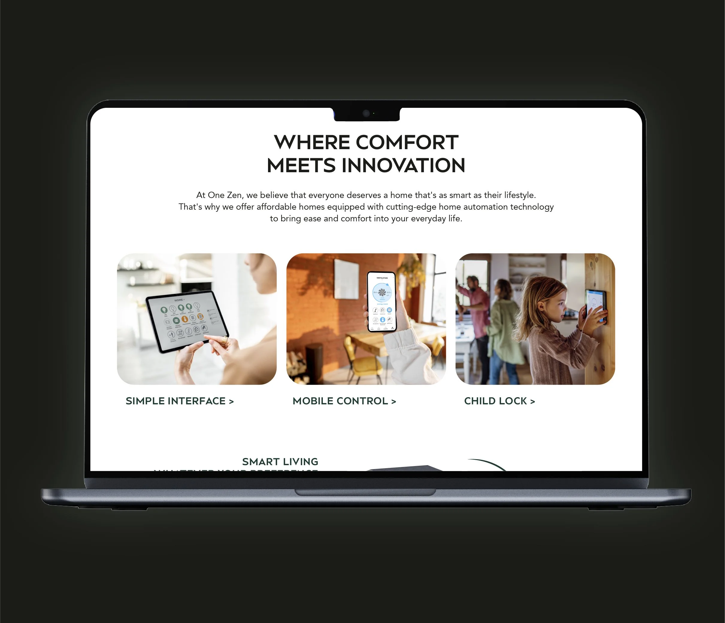 Laptop displaying a website about smart home technology, showing images of a tablet, a smartphone, and a young girl interacting with smart devices in different settings.