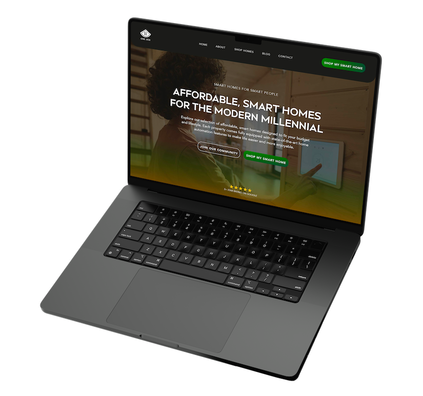 Open laptop displaying a website for affordable smart homes for modern millennials, with a woman touching a tablet on the screen.