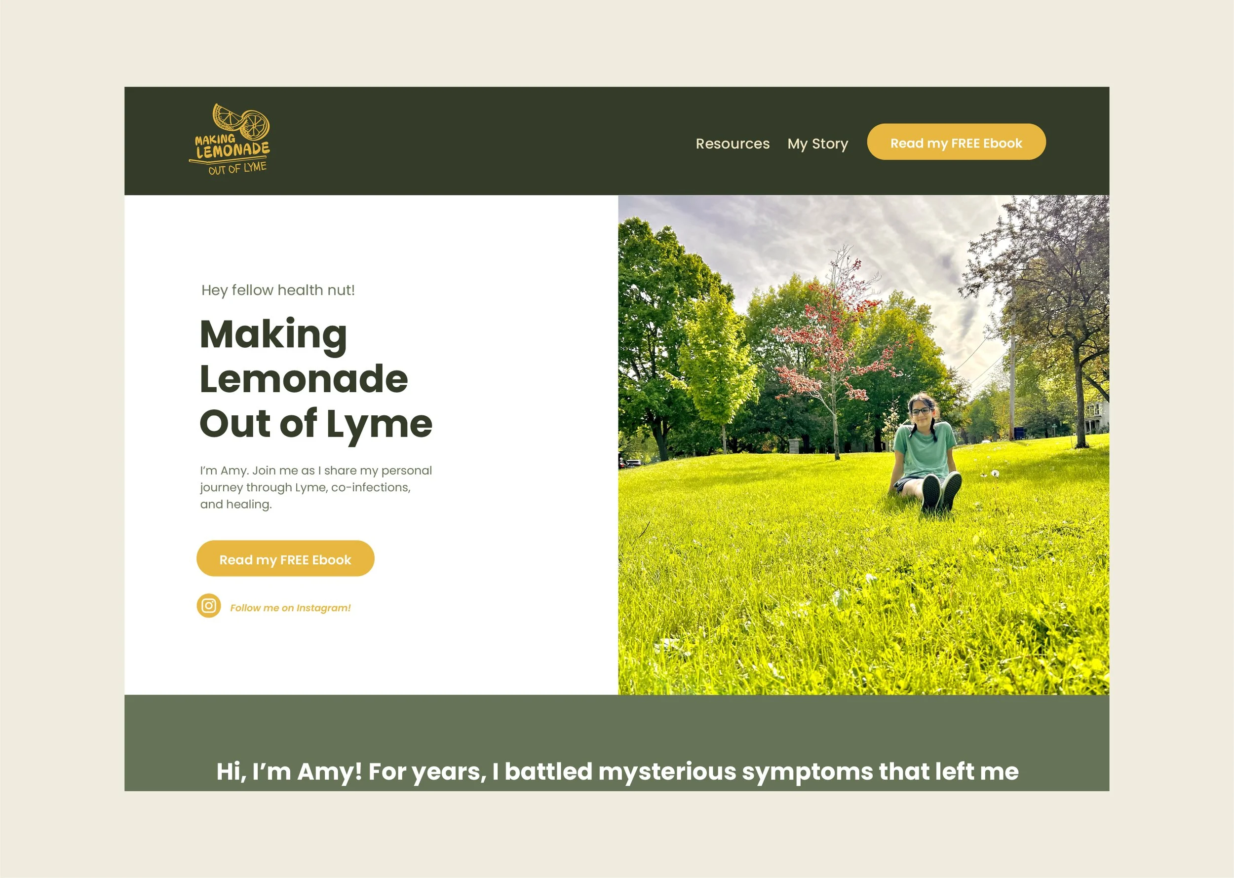 Website homepage titled "Making Lemonade Out of Lyme" with a logo of a lemon slice and a lemon, a navigation menu, a call-to-action button, a photo of a woman sitting on grass in a park, and text indicating her story about battling Lyme disease.