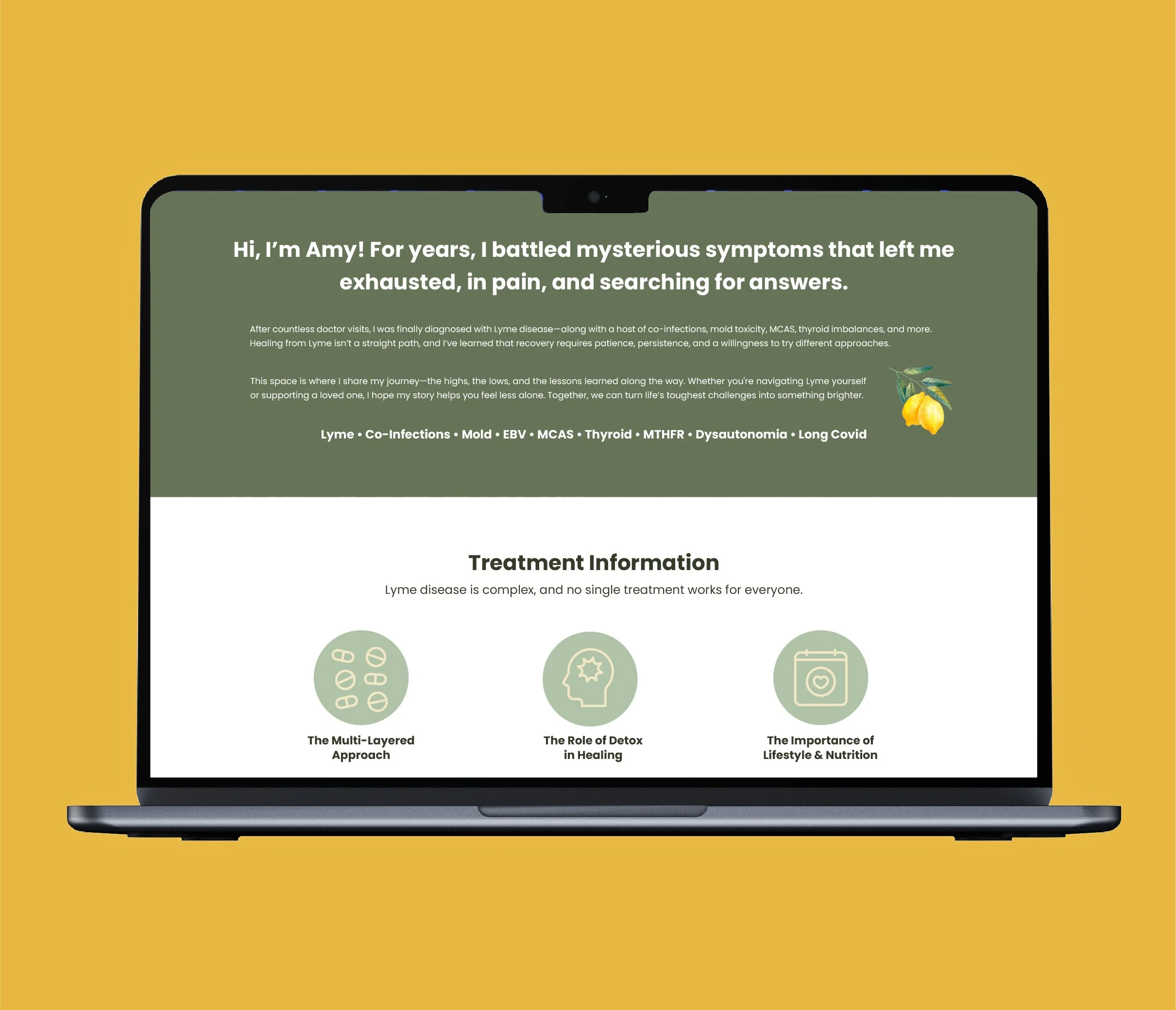 Laptop displaying a health website with information about Lyme disease and treatment options, set against a yellow background.