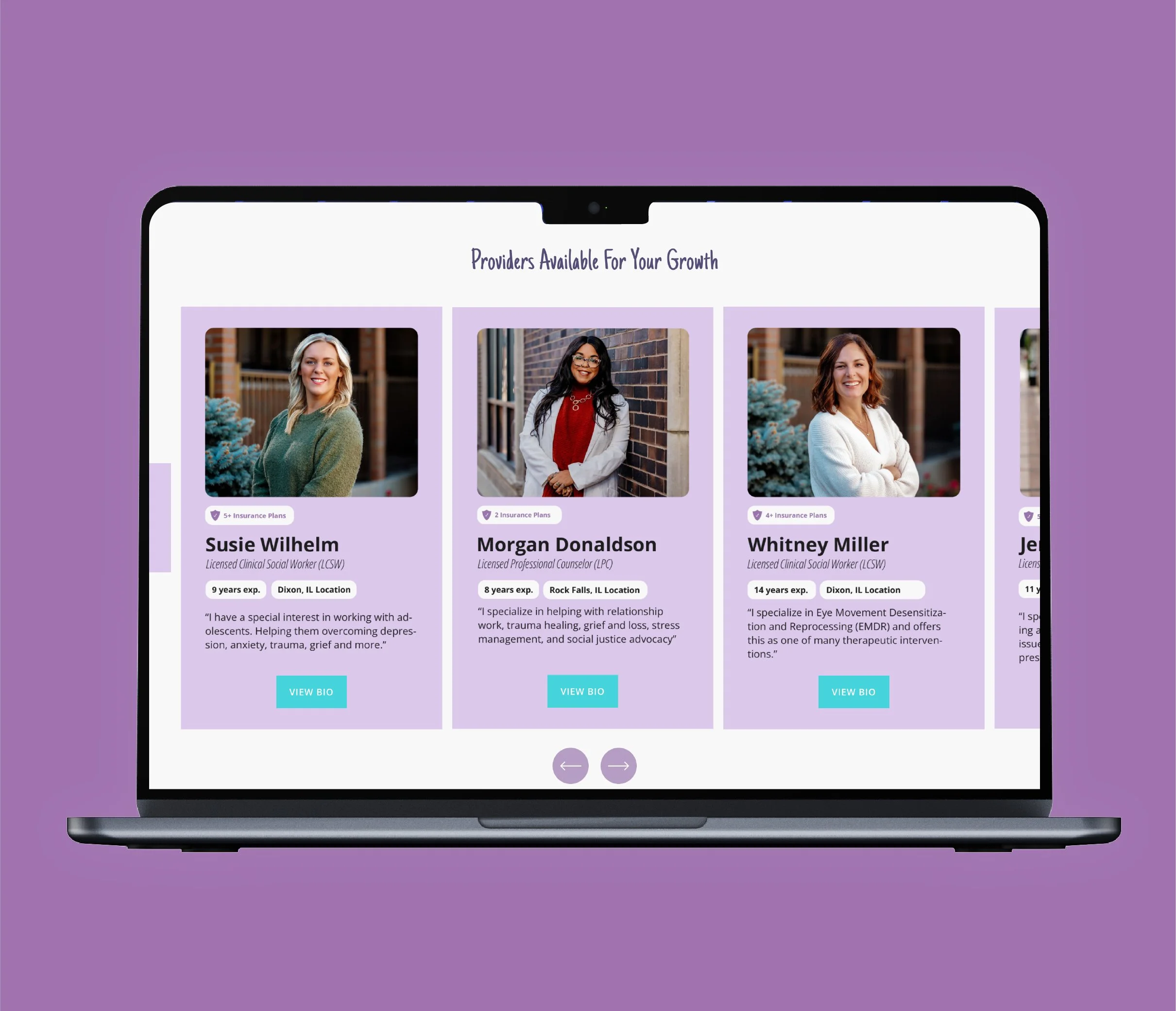 Laptop screen displaying a webpage with profiles of mental health providers, including photos, names, titles, experience, locations, and a brief description, set against a purple background.
