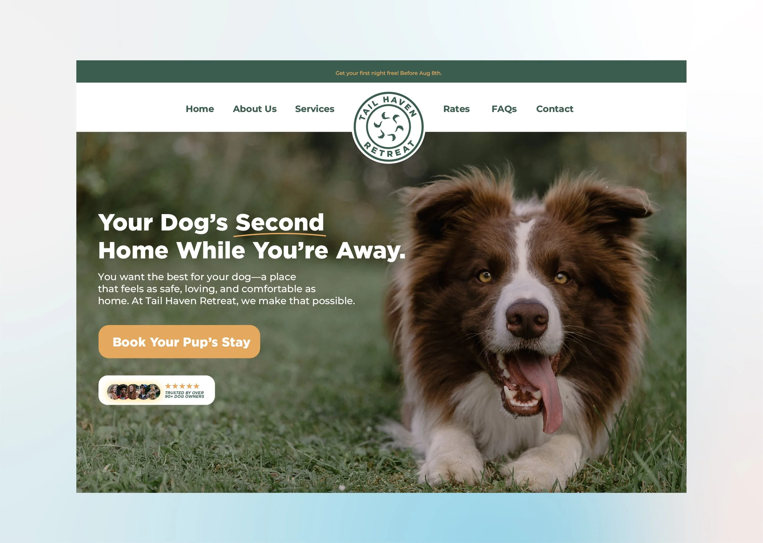 Website homepage for Tail Haven Retreat featuring a happy dog lying on grass, with a logo at the top and a call-to-action button to book a stay.