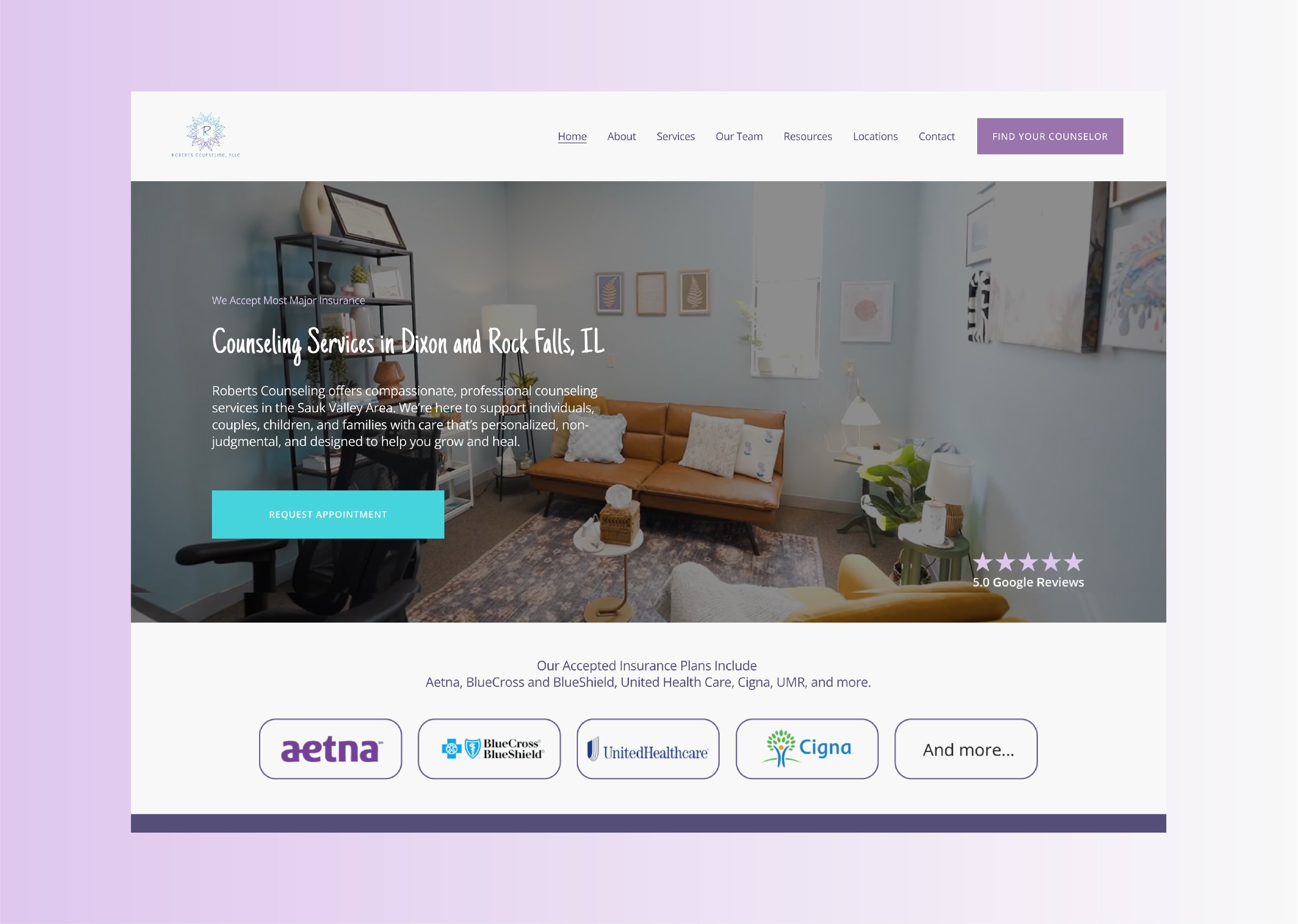 Screenshot of a counseling service's website homepage featuring a modern, cozy office with a brown leather couch, artwork on the light blue walls, and a small coffee table with tissues. The website offers professional counseling in Dixon and Rock Falls, Illinois, with links to insurance providers and options to request an appointment.