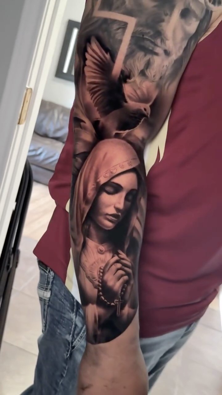 #tattoo #tattoos #ink #inked #rgv #austintx #atx #virginmary #virginmarytattoo #religoustattoo #tattooidea #tattooideas #dove #dovetattoo #armtattoo #bngtattoo