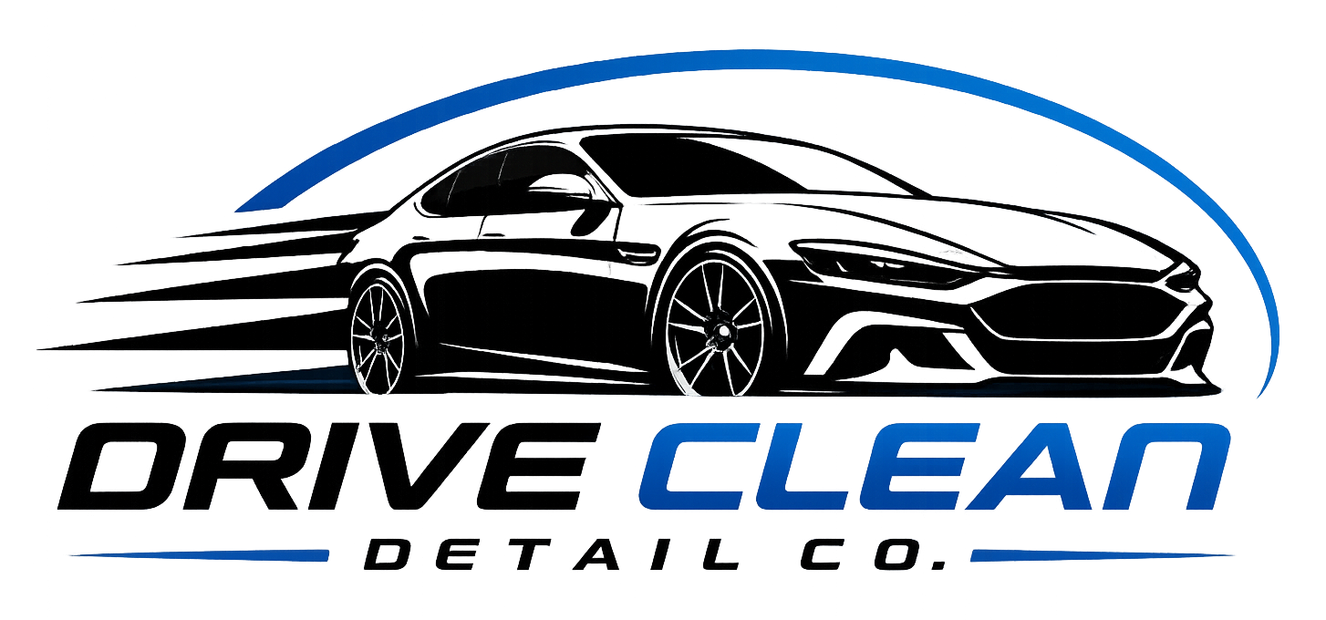 Logo for Drive Clean Detailing featuring a black sports car outline and blue and red accents.