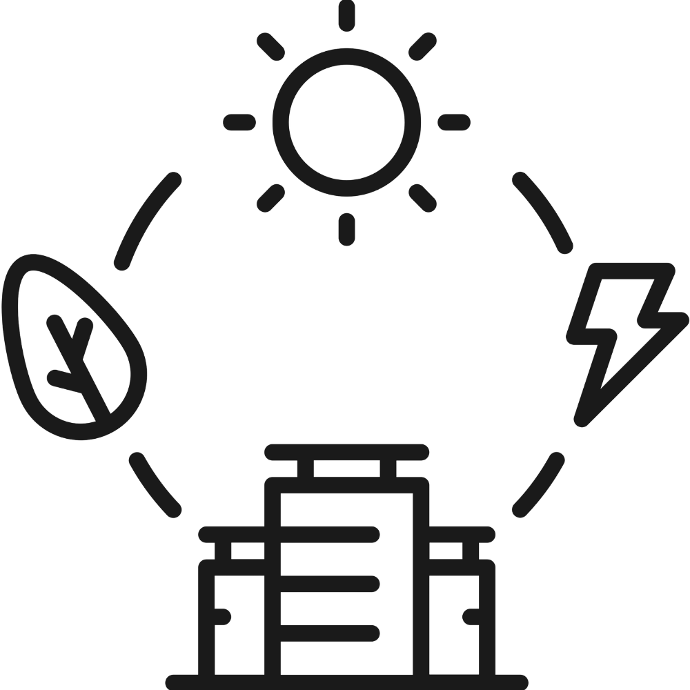 Line drawing of a building with a sun, a leaf, and a lightning bolt around it, representing solar and renewable energy.