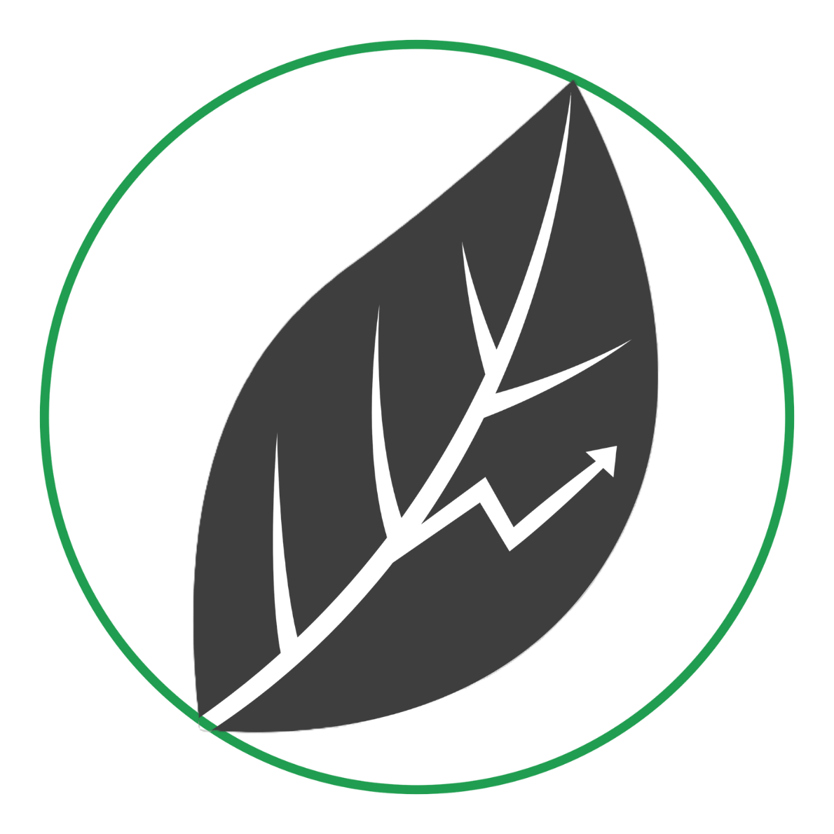 A black and gray leaf with a green outline, featuring an upward trending arrow and two smaller arrows, indicating growth or progress.