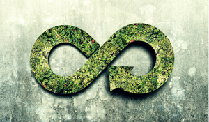 A green, moss-covered infinity symbol on a concrete background.