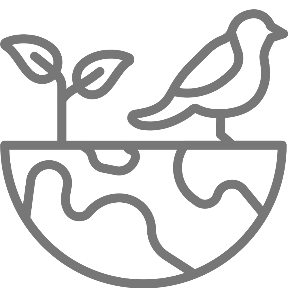 Line drawing of a globe with a plant growing out of it and a bird perched on the plant.