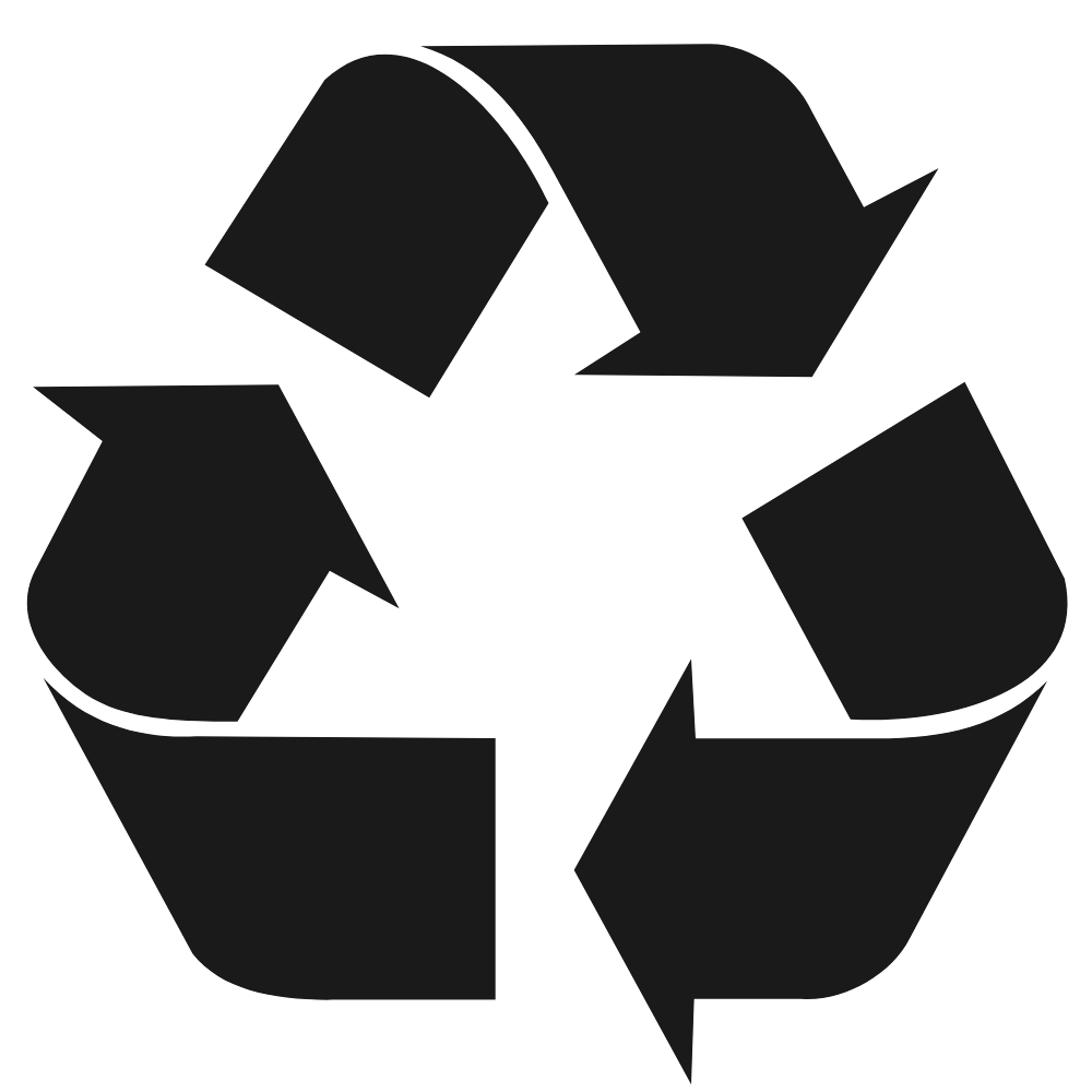 Recycling symbol with three black arrows forming a triangle.