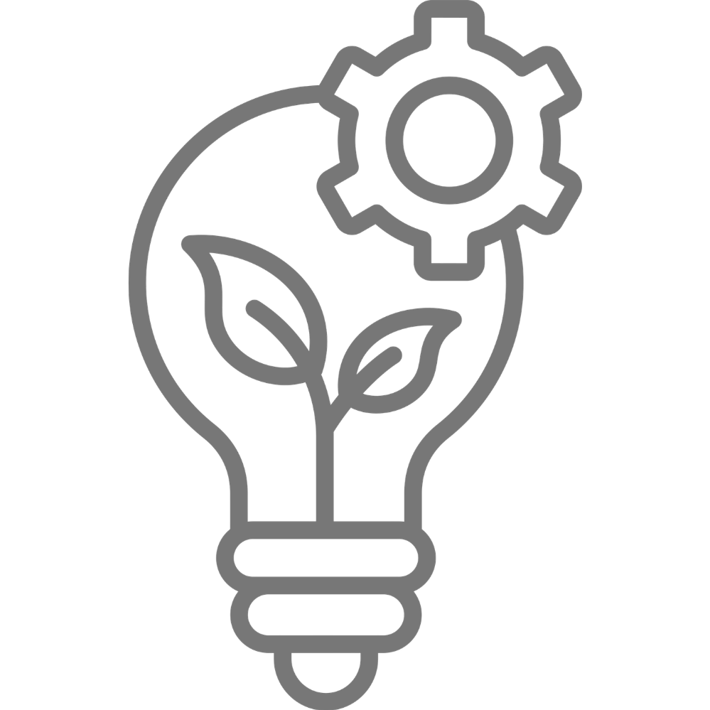 Line drawing of a lightbulb with a plant inside and a gear on top, symbolizing eco-friendly innovation or green technology.