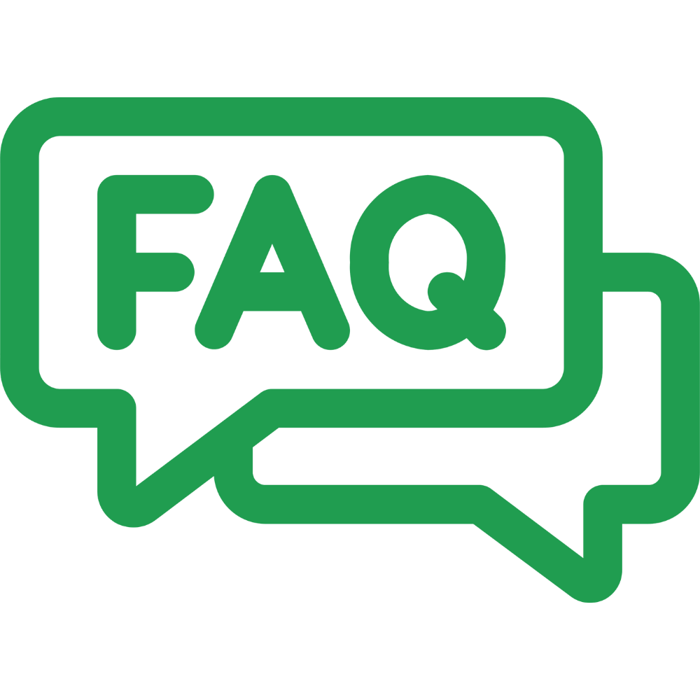 Green FAQ icon with speech bubbles.