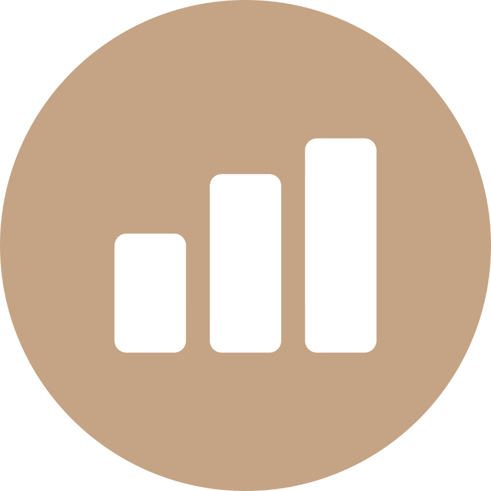 Icon of a three-bar white chart on a brown circular background.