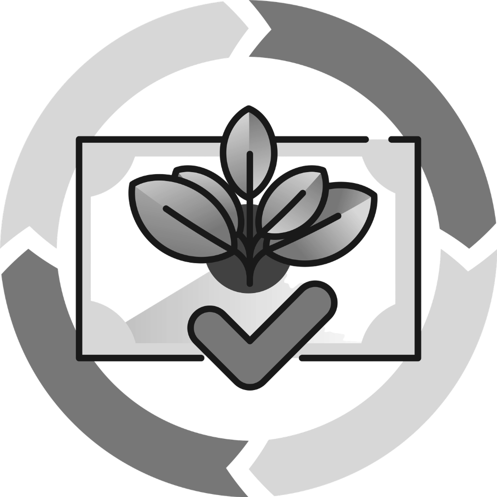 A grayscale icon of a plant with five leaves inside a rectangle, with a large check mark at the bottom, and a circular arrow surrounding the icon.