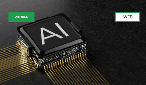 Close-up of a computer chip labeled AI on a dark surface with gold pins and circuit connections.