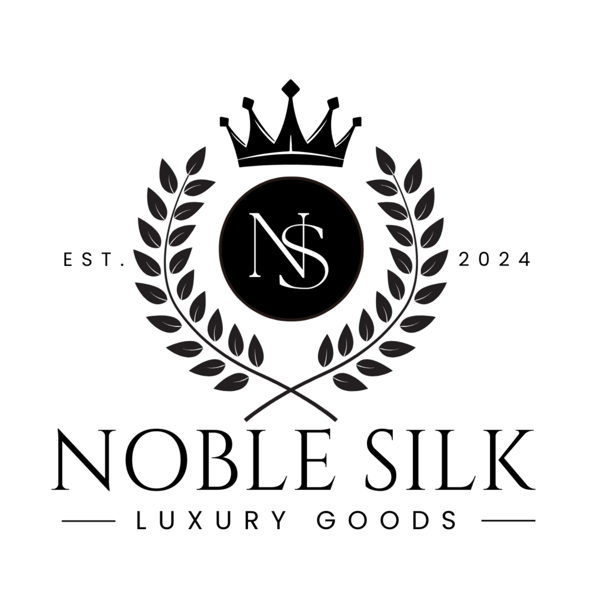Black logo with white intertwined initials NS inside a circle, surrounded by a laurel wreath.