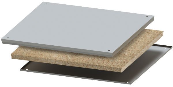 Exploded view of a sandwich panel showing three layers: a top metal sheet, a middle core of insulating material, and a bottom metal sheet.