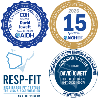 Collection of four badges and logos for Resp-Fit respiratory fit testing and accreditation, featuring David Jowett's name and certification details, including 15 years of experience, certifications from AIH, and a map outline of Arizona.