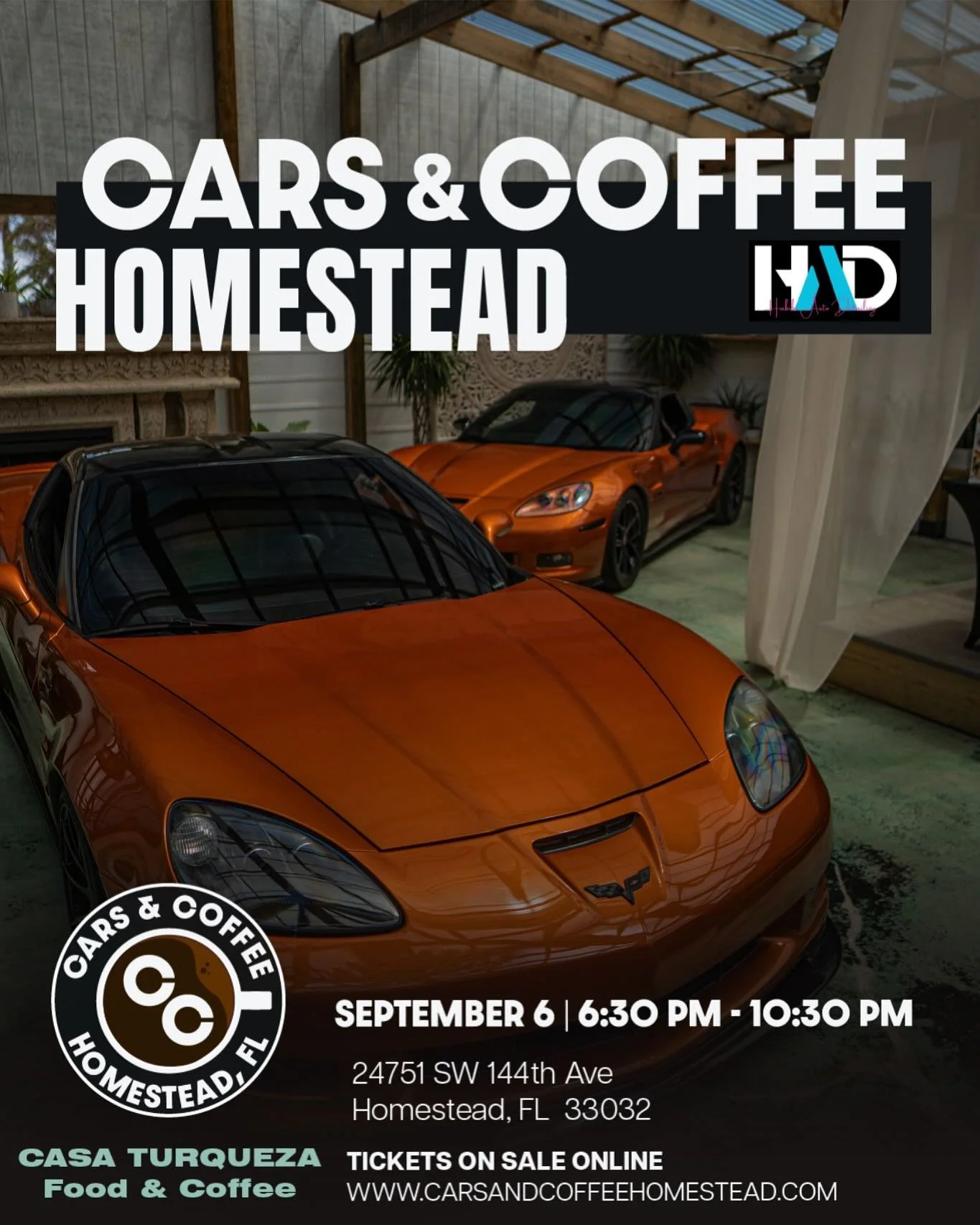 Once a month, South Florida&rsquo;s most scenic car meet takes over Villa Turqueza and this time, it&rsquo;s in the afternoon, no heat and the sunset you don&rsquo;t want to miss. From 6:30 PM to 10:30 PM, stroll through the lush botanical garden fil