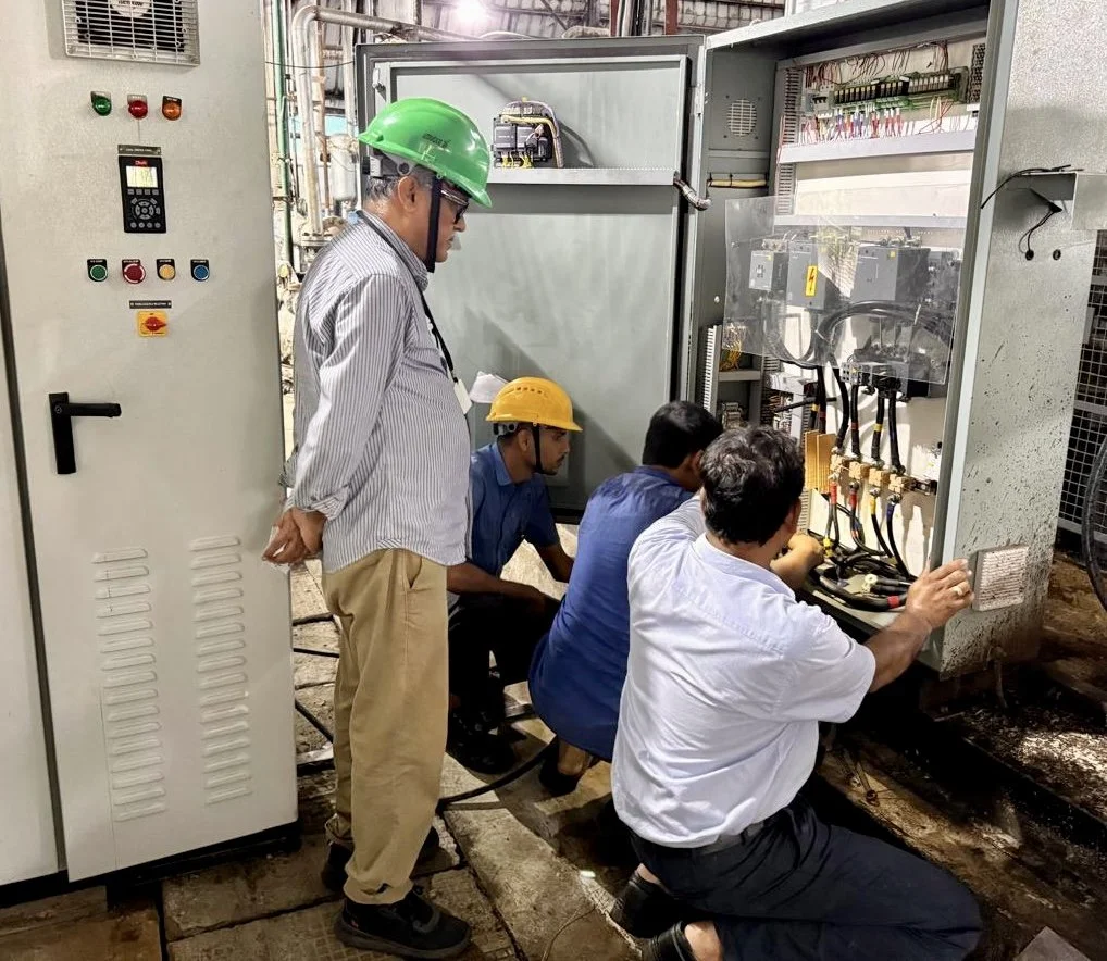 Technical & Field Operations Director Somnath Sen, sporting his green hat, ensuring the MCSA set-up at IFB Agro's state-of-art grain distillery in Noorpur, West Bengal, India.
