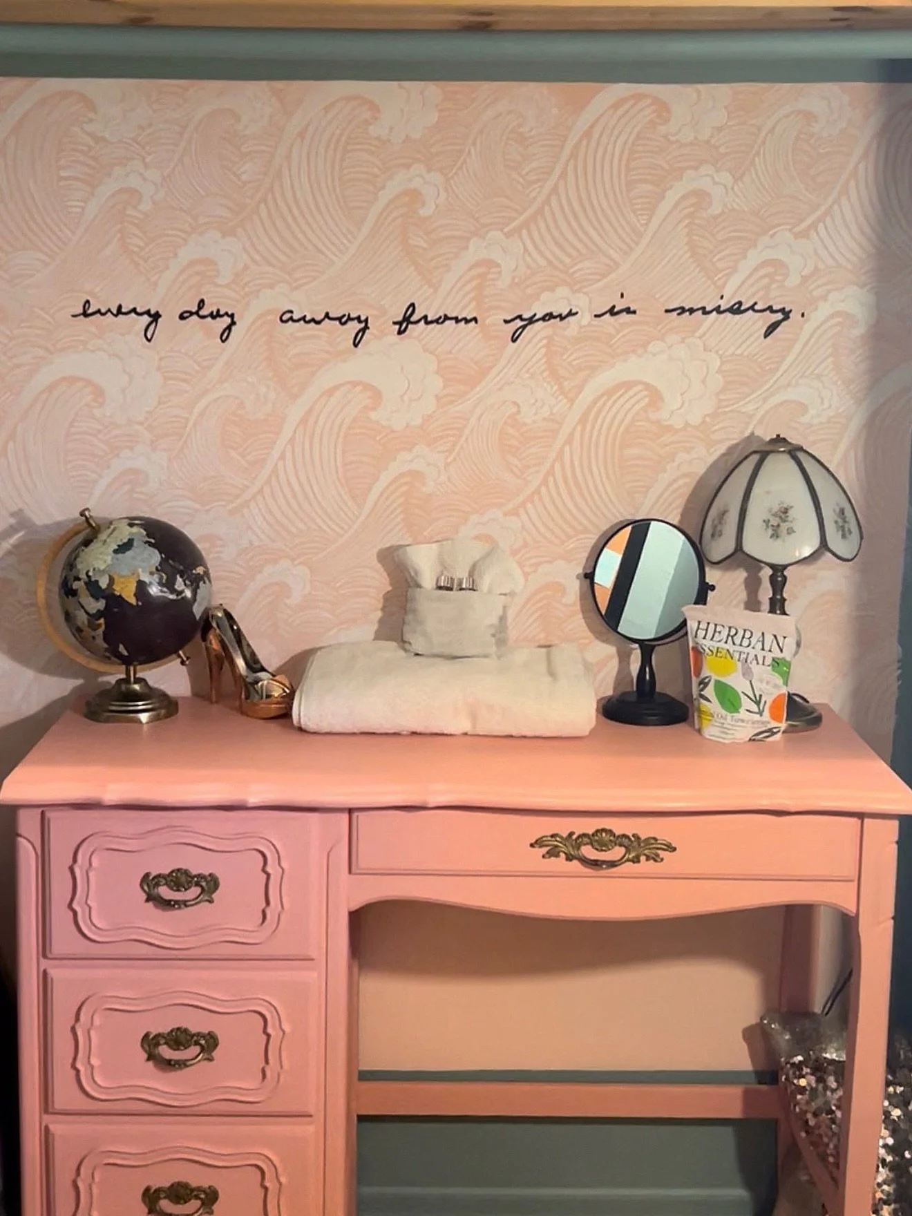 &ldquo;Every day away from you is misery&hellip;&rdquo;
 
The best part of this wave mural is the quote from the homeowners late husband, painted by projecting his own handwriting from a letter that he wrote to her while away at sea. Such a sweet gue