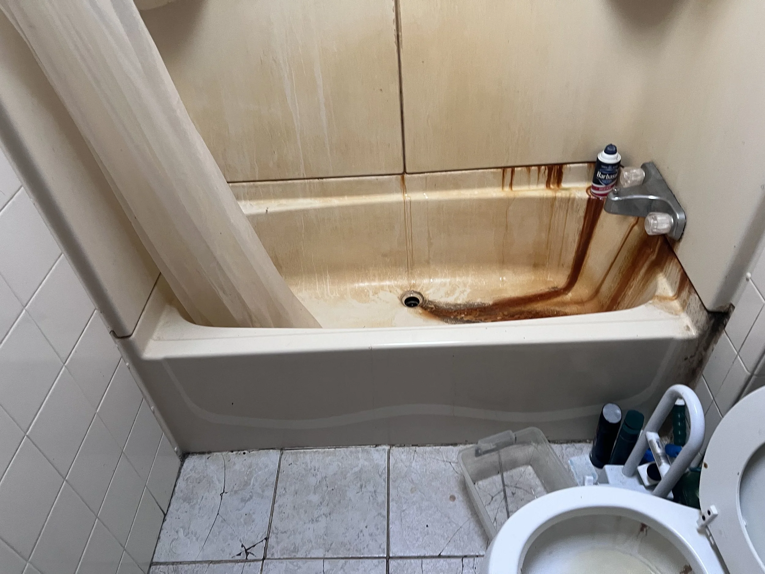 Bathroom with a dirty bathtub, stained with rust and grime, a faded shower curtain, and a nearby toilet. Cleaning supplies are also visible. Picture is a before view of a bathroom remodel. 