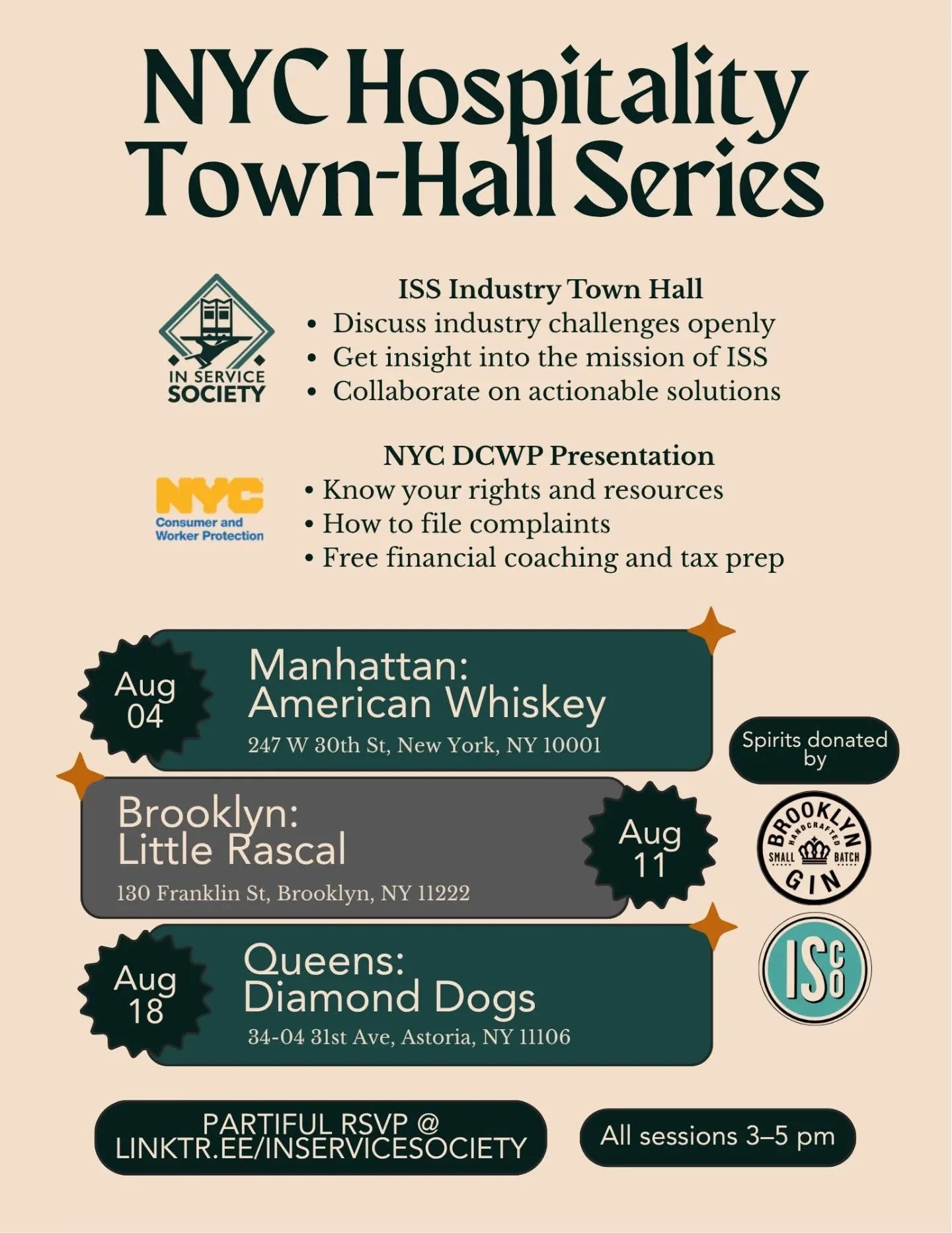 NYC hospitality pros&mdash;we&rsquo;re hosting a special ISS Town-Hall Series with the NYC Dept. of Consumer &amp; Worker Protection.

Quick details:

📍 Manhattan 8/4 @ American Whiskey
📍 Brooklyn 8/11 @ Little Rascal
📍 Queens 8/18 @ Diamond Dogs
