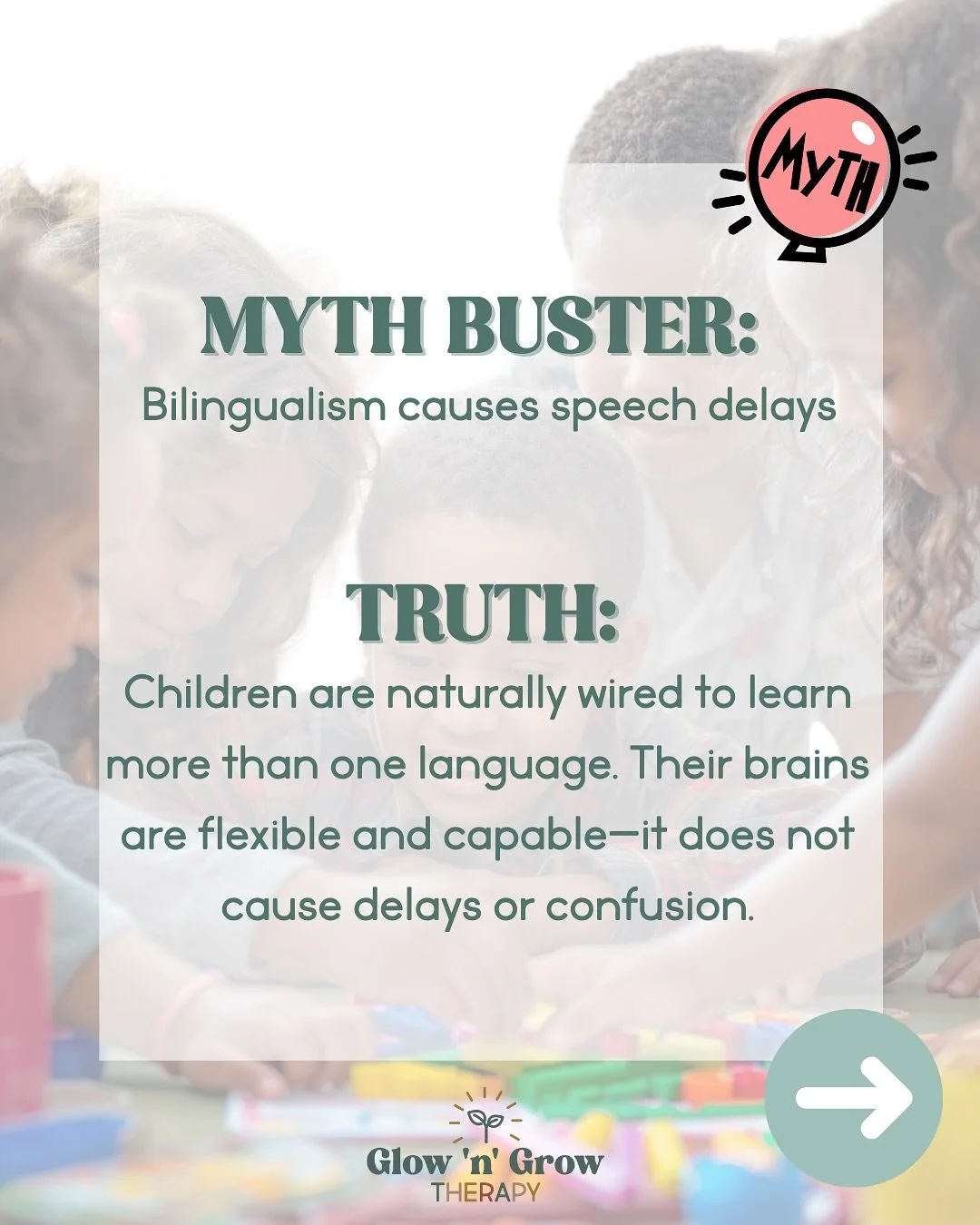 Myth Buster: Bilingualism does not cause language delays! 🌍✨ Kids learning two languages develop just like their peers&mdash;and gain amazing benefits along the way.
👉 If you&rsquo;re noticing delays, connect with a speech-language pathologist for 