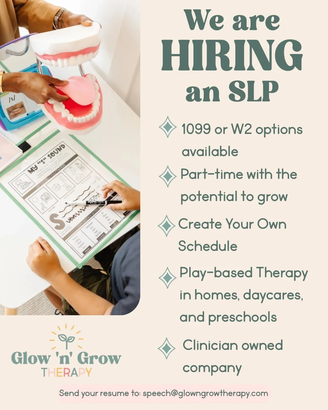 We&rsquo;re Hiring an SLP!

Glow &lsquo;n&rsquo; Grow Therapy is growing, and we&rsquo;re looking for a passionate, relationship-driven Speech-Language Pathologist &mdash; including Clinical Fellows! 🤍 

This position is perfect for an SLP who:
✨ Wa