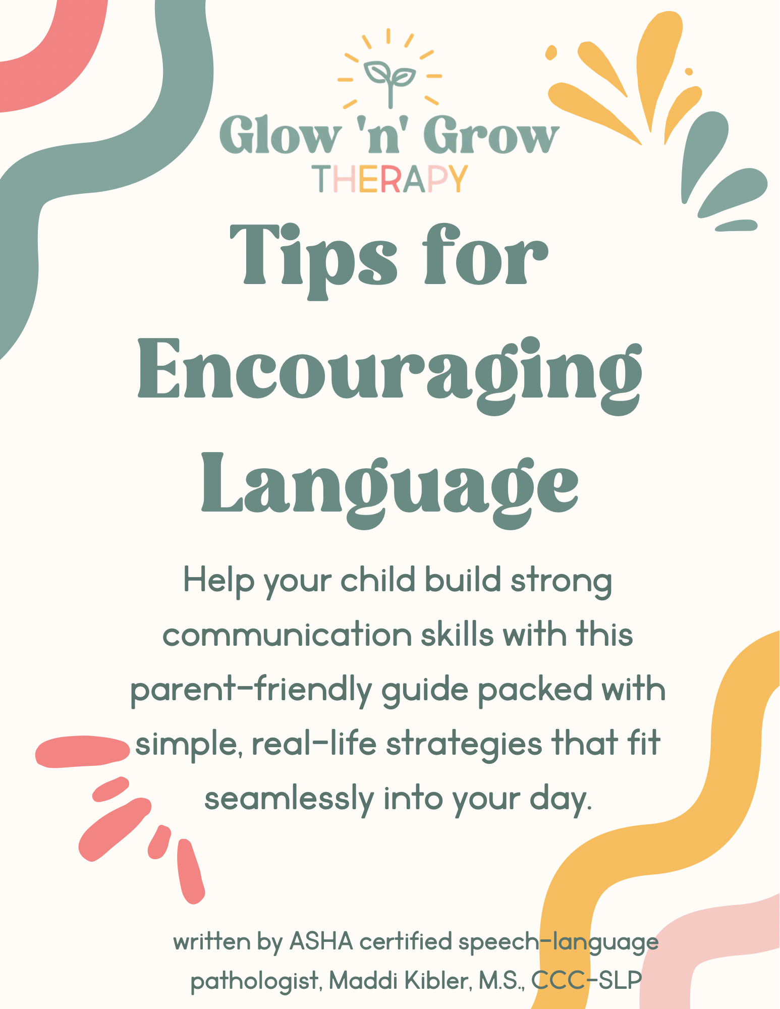 Design for 'Glow 'n' Grow Therapy' featuring pastel colors, a plant icon, wavy lines, and decorative abstract shapes around the title and text.