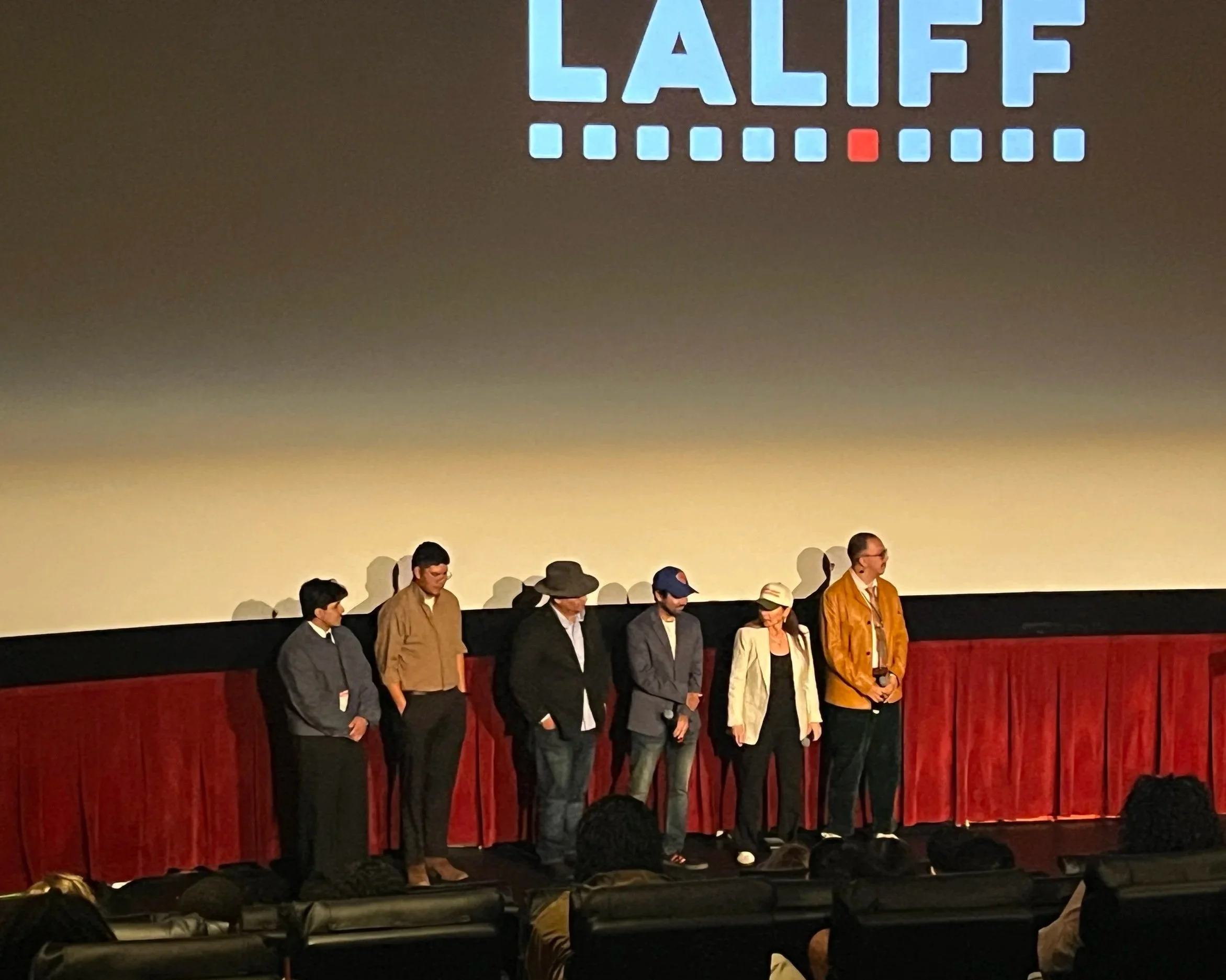 Photo from audience at LALIFF Episodic Shorts of Erik Martinez and Kahlil Maskati with other filmmakers for Q&A.