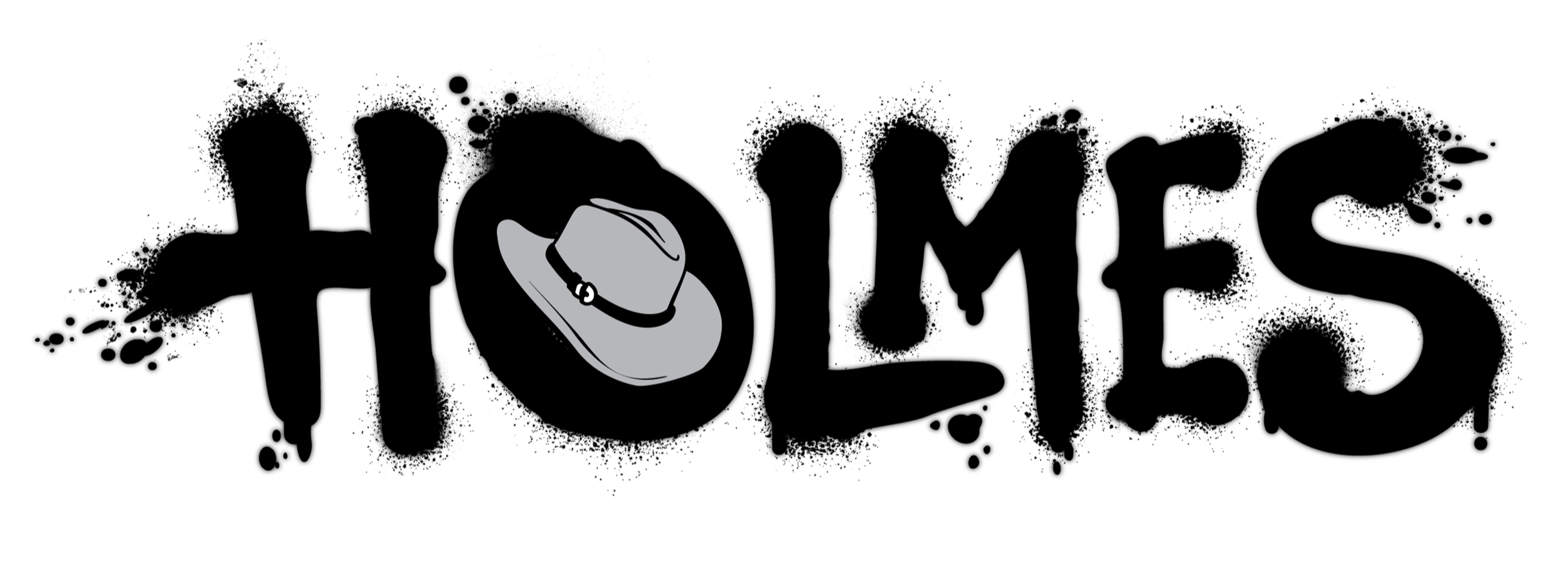 Holmes logo - spraypaint letters with a cowboy hat image in the middle of the O