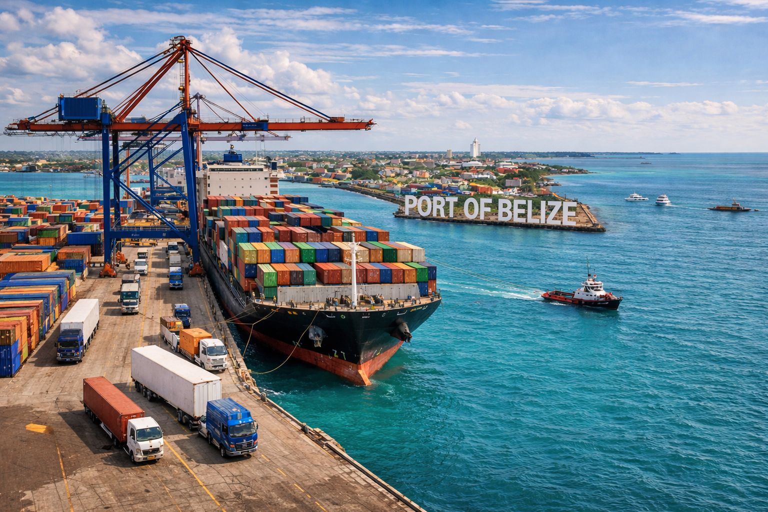 Cargo ship docked at Port of Belize with numerous colorful shipping containers, a large blue and orange crane, smaller boats on the water, and a city skyline in the background under a partly cloudy sky.