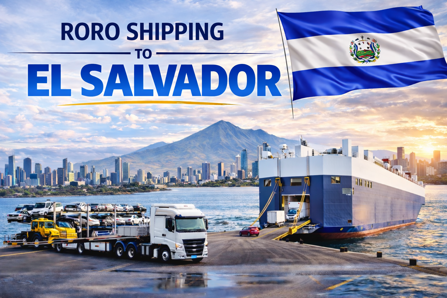 A cargo ship at a dock with cars being transported on a trailer and a large flag of El Salvador flying. In the background, a city skyline and a volcano under a cloudy sky during sunset.
